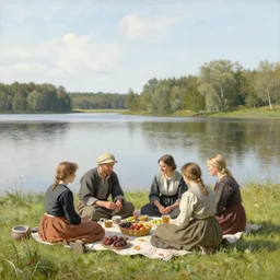 Portrait of a peasant family at picnic by the lake by Albert Anker