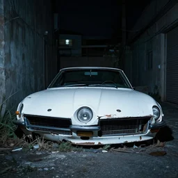 decaying white 350z roadster abandoned in alley night time decrepit shot from bladeruner 2049