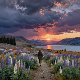 painting by sargent and rhads and leyendecker and greg hildebrandt epic evening sky at sunset, low thunder clouds foothpath at indian summer lupins at lake tekapo tundra and taiga in background