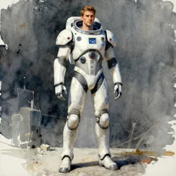 male, full body, modern space suit, very stylized character design, large shoulders, short torso, long thin legs, tiny feet, science fiction, hyperdetailed, technical suit, shoulderpads, watercolor digital painting, by mike mignola, by alex maleev, jean giraud, painted by leyendecker