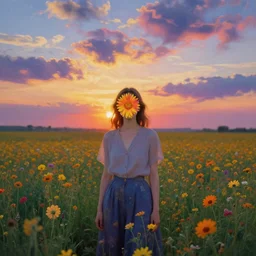 woman with a flower face, standing in flower field, surreal photography, manipulation, sunrise, impressionist painting, colorful clouds, artstation, dali, simon stalenhag