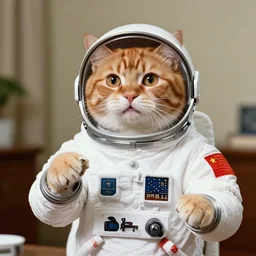 1 9 8 0's editorial color photo of ginger cat in spacesuit giving public speech