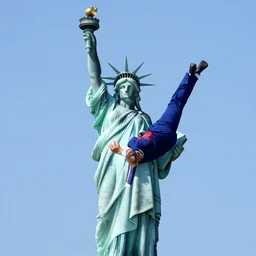 strange political photoshop of donald trump being suplexed by the statue of liberty, patriotic, glow, jpeg artifacts, hd image