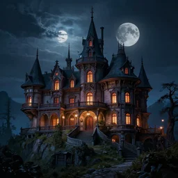 large haunted mansion in the mountain side, thomas kinkade style, cinematic, octane render, art station, dramatic lighting, beautiful moonlight night, concept art, rococo, photorealistic, intense detail, 8 k