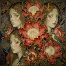 breathtaking detailed concept art painting art deco pattern of faces goddesses of rafflesia arnoldii flowers with anxious piercing eyes and blend of flowers and birds, by hsiao - ron cheng and john james audubon, bizarre compositions, exquisite detail, extremely moody lighting, 8 k