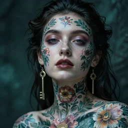 neo-surrealist hyper detailed close-up portrait of woman covered in rococo flower tattoos matte painting concept art key sage very dramatic dark teal lighting low angle hd 35mm shallow depth of field 8k