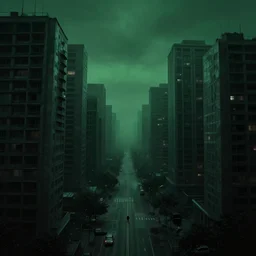 dark city. labyrinth. highrise. walking through the streets with no direction in mind. escape not possible. mist. dark sky. colorscheme dark green