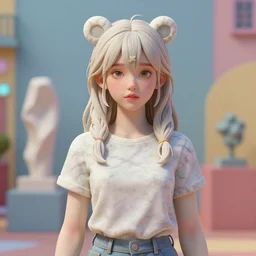 a 3 d render of a young beautiful woman made from marble, in the style of constantin brancusi, wes anderson background, casual clothing, modern, artgem, portrait, boris valejo, kawaii hairstyle, pastel colors, colorful, octane render, digital painting, details, unreal engine, museum piece, dynamic light,