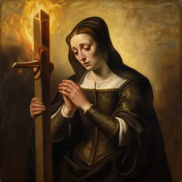 1 8 th painting of a giovanna d'arco burned at the stake, with a suffering face, medium shot, sunsest golden hour