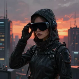 beautiful cyberpunk assassin with night vision goggles, dramatic light, sunset, cyberpunk city in the background, gorgeous view, depth, painted by Soufiane Idrassi, tending on artstation