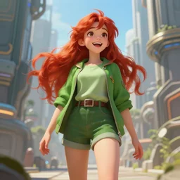 beautiful cute red haired joyful and playful nineteen year old maiden standing up in casual green clothing, long hair, modern city, rpg character, sci - fi, fantasy, intricate, elegant, digital painting, artstation, concept art, smooth, 8 k frostbite 3 engine, ultra detailed, art by artgerm and greg rutkowski and magali villeneuve