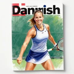 a 1 9 2 8 cover of a danish magazine. happy, healthy, beautiful, smiling, young, sporty, glowing woman in decent athletic wear playing tennis. realistic detailed color drawing