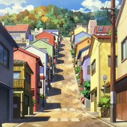 city street, sloped street, city on tall hillside, street scene, colorful buildings, cel - shading, 2 0 0 1 anime, flcl, jet set radio future, golden hour, japanese town, concentrated buildings, japanese neighborhood, electrical wires, cel - shaded, strong shadows, vivid hues, y 2 k aesthetic