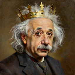 An oil painting of Albert Einstein with a crown
