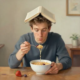 a painting of a man with book head sitting at a table eating cereal, artstation