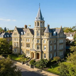 a large victorian college building surrounded by houses and trees, blue sky, higjly detailed, sunny, volumetric, cinematic lighting, realistic, digital art by greg rutkowski