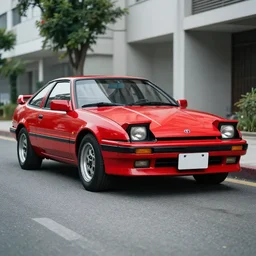Cannon photo of red Toyota supra Mark 3 MK3 made in 1985 front sideview parked on street