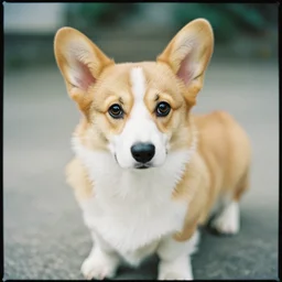 portrait of a corgi puppy, kodak portra iso 5 0. anistigmat lens.