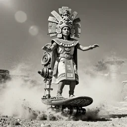 old vintage full body  photo of  aztec  ancient priest female  on the complex big steam punk aeroboard with antigravity engine,  extreme sports photography , dynamic photography,clean symmetrical face, high speed,dirt and grawel flying in the spot,  lens flares, dust in the air, dramatic lighting, intricate, highly detailed, centered, smooth, sharp focus,  sports photography, old photo, black and white, sepia, cinematic lighting, cinematic angle,  national geographic