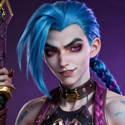 jinx from league of legends character portrait, close up, concept art, intricate details, highly detailed photorealistic portrait by michael komarck, adam hughes, seseon yoon, artgerm and warren louw