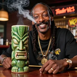 a closeup photorealistic photograph of happy blunt smoking snoop dogg at trader vic's bar sitting next to a trader vic's themed tiki mug featuring snoop dogg's face. tiki culture. bright scene. 4 k hd image that's trending on artstation, featured on behance, well rendered, extra crisp, features epic composition and the style of unreal engine.