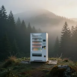 dreamlike visage of a vending machine alone in a forest knoll, mystical, unusual, serene, foggy, dawn lighting, dew, mountain forest, hyperdetailed