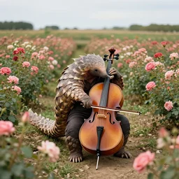 an award winning photograph of a pangolin playing cello in a rose field. wide angle