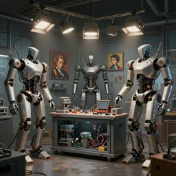 robot repair workshop, blade runner artifacts, electronic case display, cyberpunk tech, ultrarealistic, futuristic, three point lighting, dramatic lighting, electrical details, high details, 4 k, 8 k, best, accurate, trending on artstation, photorealism, digital painting, style of peter mohrbacher, caravaggio, boris vallejo, hajime sorayama