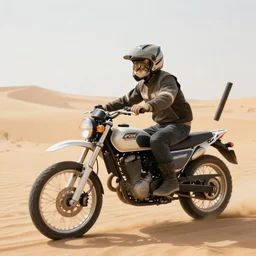 an image of a cat riding a motercycle through the desert