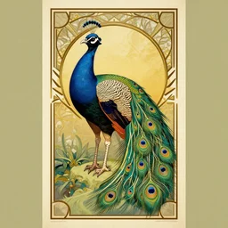 vintage art deco animal poster depicting a half cat half peacock hybrid