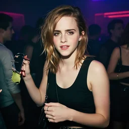 A photo of Emma Watson partying in the nightclub. Cyberpunk lighting.
