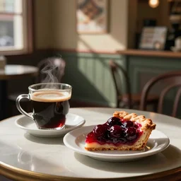 black coffee and a cherry pie on a table in a Twin Peaks cafe, artstation style, surrealist style, David Lynch style