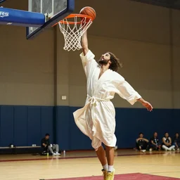 Jesus wearing robes dunks a ball in a basketball court, hd