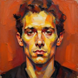 an expressionism face portrait of the Gman used with Impasto, dark oranges reds and yellows, note detailed