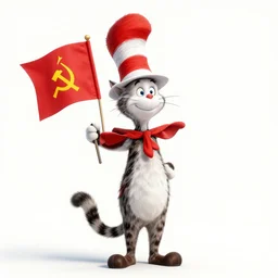 the cat in the hat holding a ussr flag, hammer and sickle, dr. seuss, detailed, imaginative, союз советских социалистических республик, кот в мешке