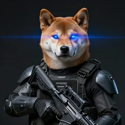 tactical armor and rifle, realistic anthropomorphic shiba inu face, visible face, neon laser eyesight, science fiction, dark, portrait by donato giancola and greg rutkowski and wayne barlow, realistic face
