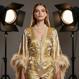 beautifull model, wearing baroque silk outfit with thin ornamertical golden pattern, feather, luxury materials, pearls, symmetrical, cinematic, elegant, professional studio light, real dlsr photography, sharp focus, 4 k, ultra hd, sense of awe, high fashion