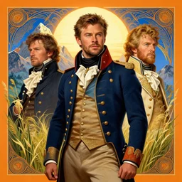 a cinematic portraitscene male chris hemsworth as napoleon bonaparte, blue orange background, sun, tall mountains, tall grass, intricate, elegant, highly detailed, digital painting, artstation, concept art, smooth, sharp focus, illustration, art by artgerm and greg rutkowski and alphonse mucha