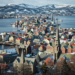The city of Trondheim rendered in the style of Skyrim