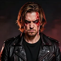 portrait of pewdiepie with an angry expression, blood covering his face, wearing a leather jacket, dramatic lighting, illustration by Greg rutkowski, yoji shinkawa, 4k, digital art, concept art, trending on artstation