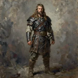 a full body fantasy portrait oil painting illustration of a single rugged stoic barbarian man by Justin Sweet and artgerm with face and body clearly visible, visible pupils, d&d, rpg, forgotten realms, artstation trending, high quality, sombre mood, artstation trending, muted colours, no crop, entire character!,