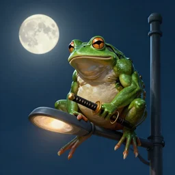 muscular frog, holding a katana, perched on a street light, moon in the background, lit by moonlight, digital painting, octane render, highly detailed, 8 k