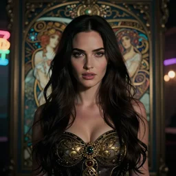 portraite of megan fox dark atmosphere, cinematic shot, intricate, ornate, photorealistic, ultra detailed, realistic, 35mm, photography, neon, octane, high definition, depth of field, bokeh, 8k, artstation, ((alphonse mucha))