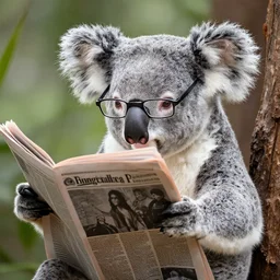 koala with glasses reading the newspaper, photograph 4 k