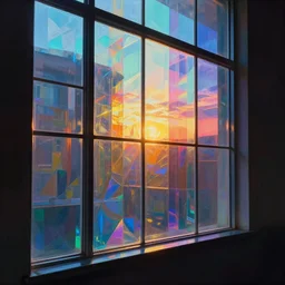 prismatic colours shine through a glass window, digital art, scifi, ray tracing, reflections, refraction