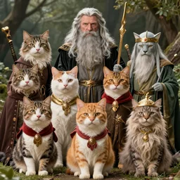 if cats were lord of the rings characters, lotr, cats, cats dressed in lotr costumes, the fellowship of the ring as cats, hobbits, gandalf, elves, dwarves, multiple cats, 4 k, hyper realistic, artstation