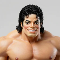 macro head shot 8 5 mm of happy michael jackson oversized muscular hulk! powerlifter wrestler with fedora hat by neca!!! pretty! beautiful! shirtless muscular black pants blue military armor rockstar jacket very detailed realistic action figure by neca in the style of ryo kusanagi, character from king of fighters, film still, bokehs