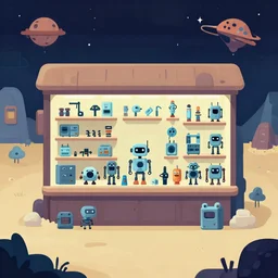 in front of a store selling robots and robot parts, in a remote outpost, on an alien planet, from a space themed point and click 2 d graphic adventure game, set design inspired slightly by ( tomb raider ), art inspired by ( thomas kinkade ) and [ [ [ mark keathley ] ] ]