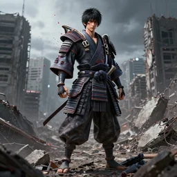 demon samurai made by Yusuke Murata, Tomohiro Shimoguchi, Takeshi Obata, Masakazu Katsura,short hair, scar in one eye, red particles around ,destroyed city in the background,artstationCGsociety, full length, exquisite detail, post-processing, masterpiece, volumetric lighting, cinematic, hypermaximalistic, high details, cinematic, 8k resolution, beautiful detailed, insanely intricate details,ArtStation, CGSociety