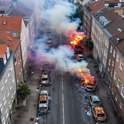 kreuzberg streets covered in colorful smoke, burned cars, explosions, hyperrealistic, gritty, damaged, drone photography, photorealistic, high details